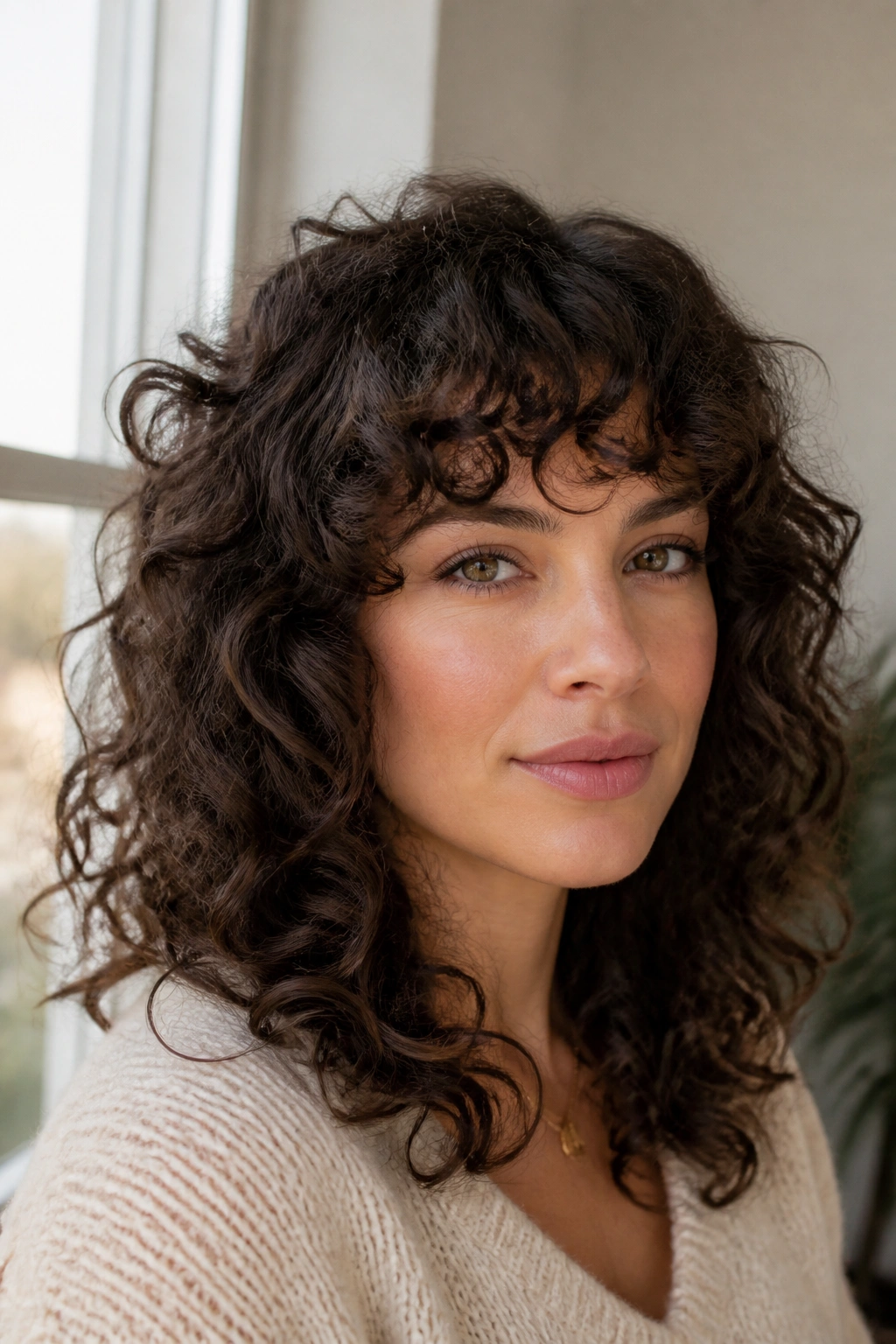 Close-up of a real woman with layered curls and curly bangs in a cozy indoor setting.