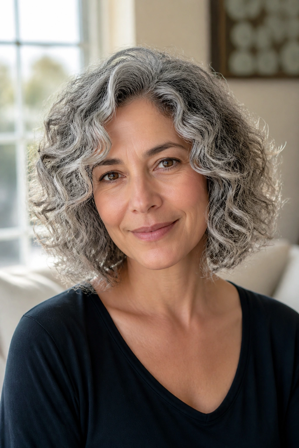 Shoulder-length layered curls with a white highlight halo framing the face