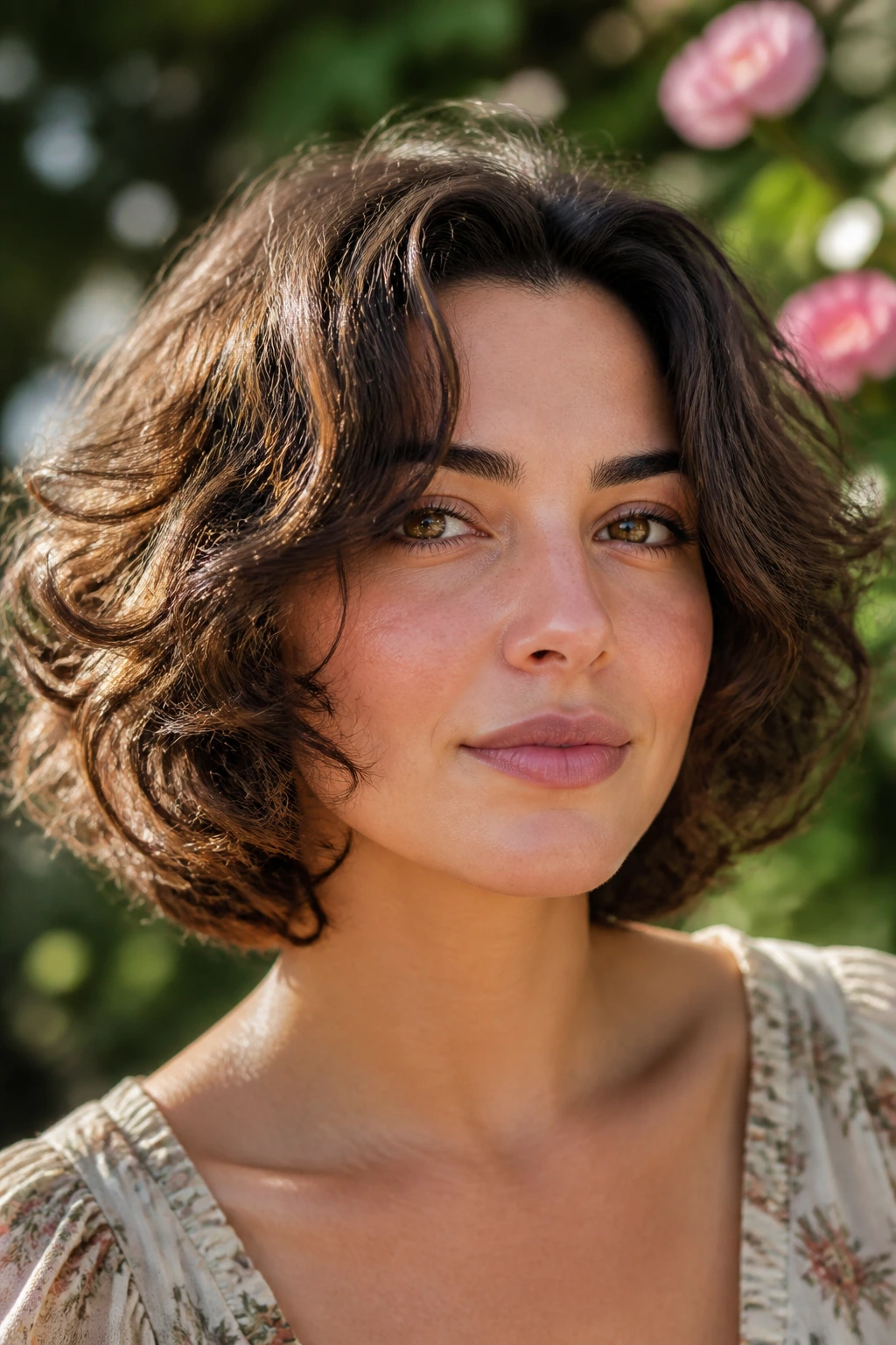 Close-up of layered curls framing the jaw on a real person