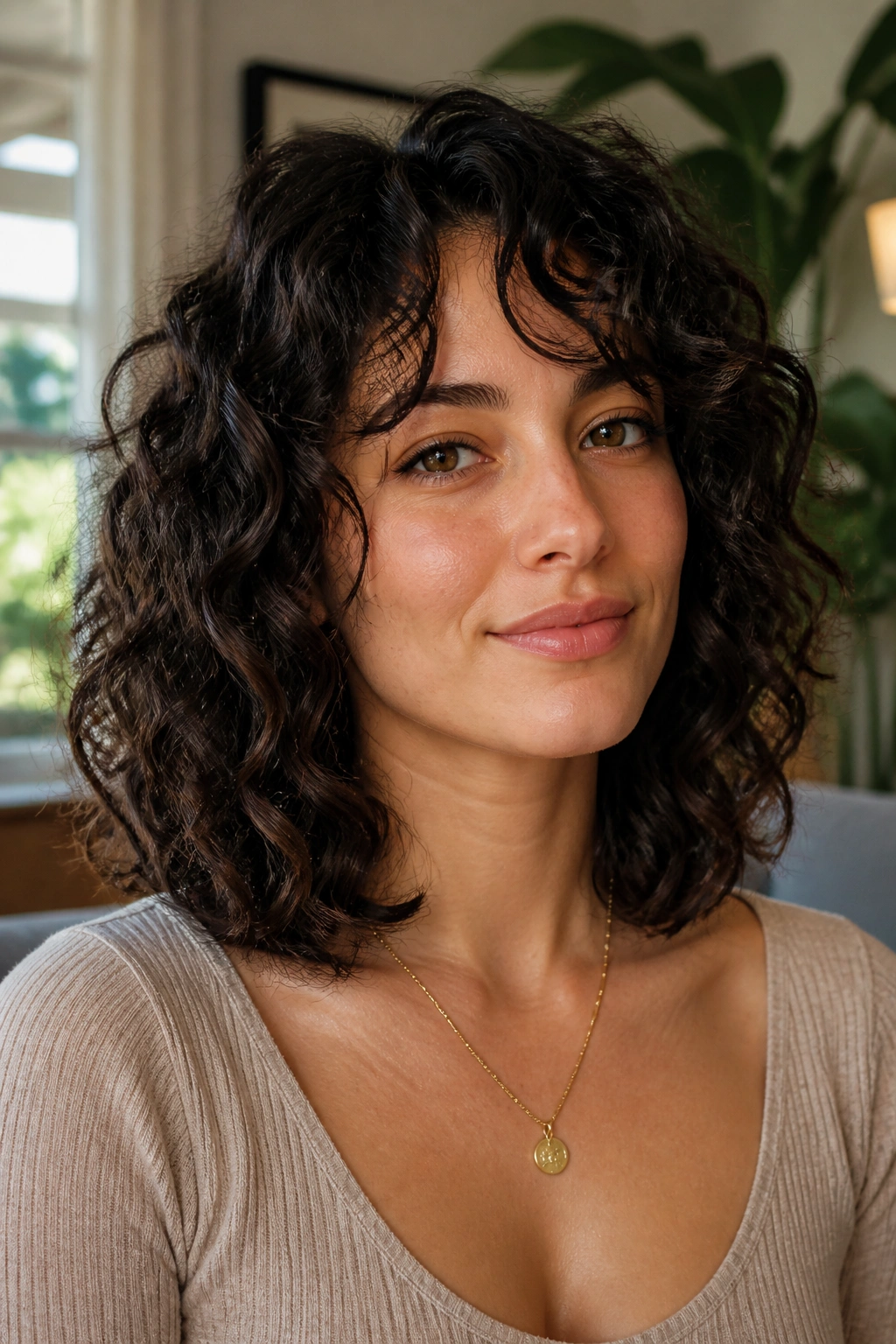 Close-up portrait of a real woman with layered curly lob at collarbone length, thick curls filling the frame.