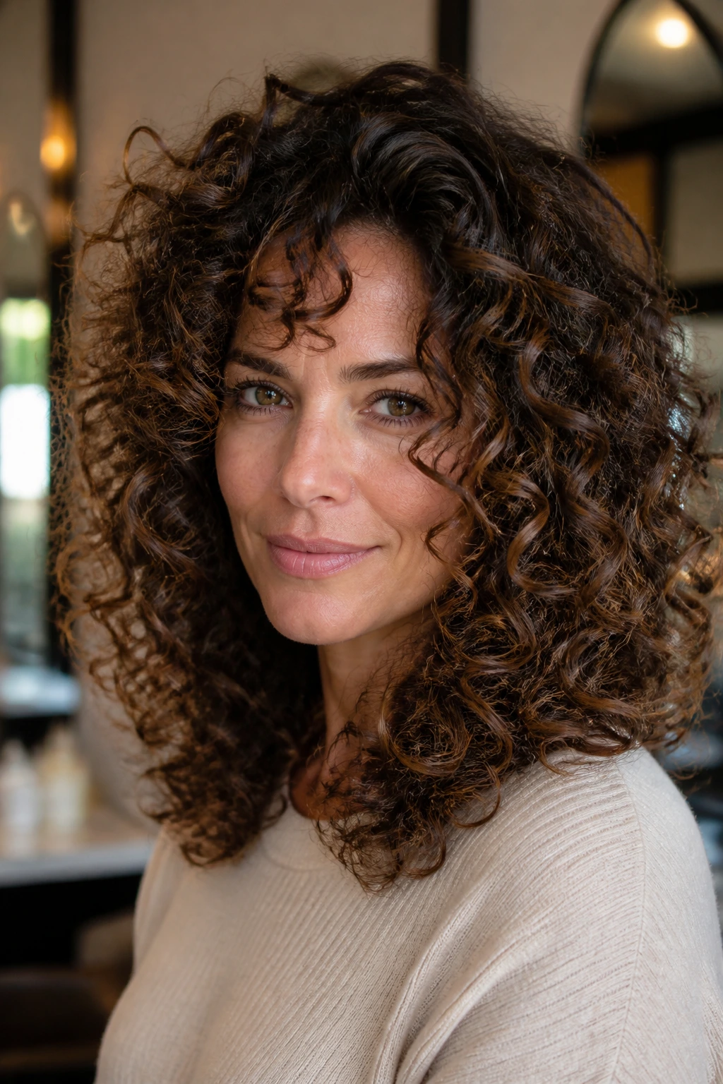 Close-up of real woman with layered curls and full perimeter, face softly framed by curls