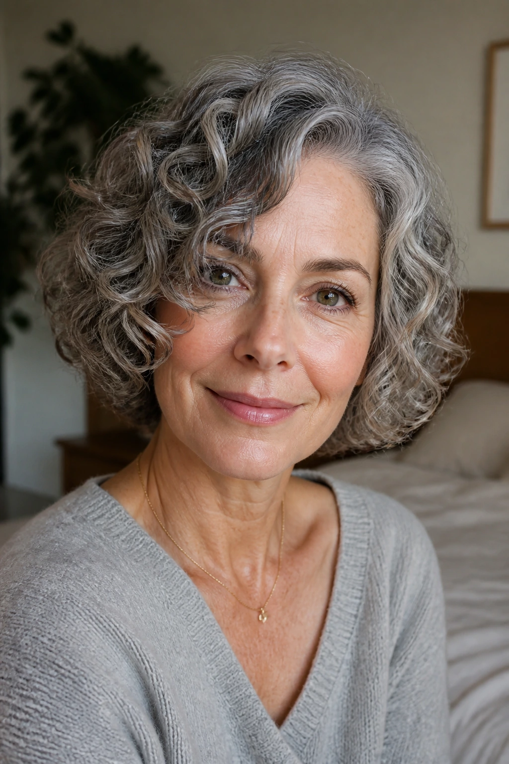 Close-up of layered curly bob with side part on gray-haired woman.
