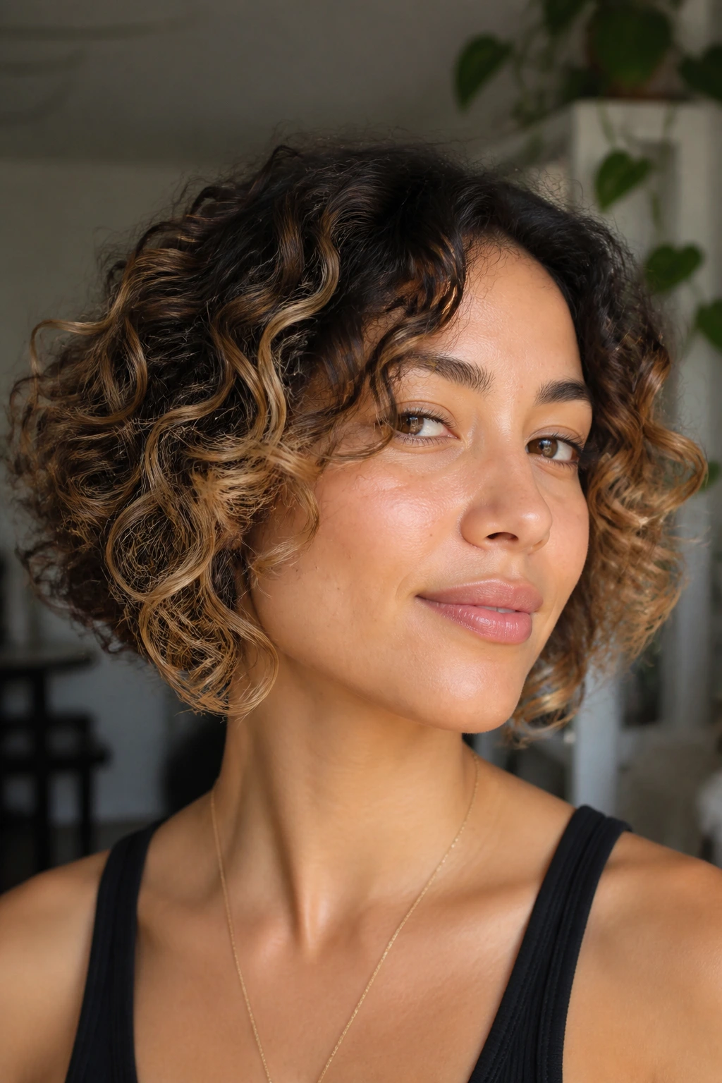 Layered curly bob with highlighted ends on a real person