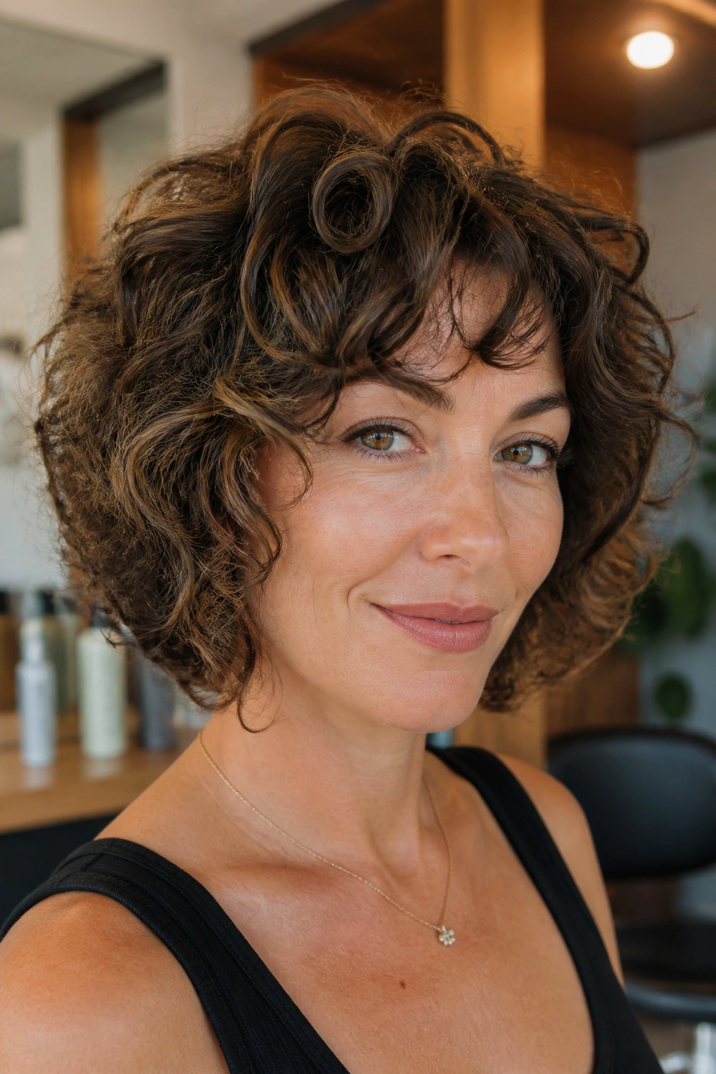 Close-up portrait of a woman with layered curly bob in a salon setting.