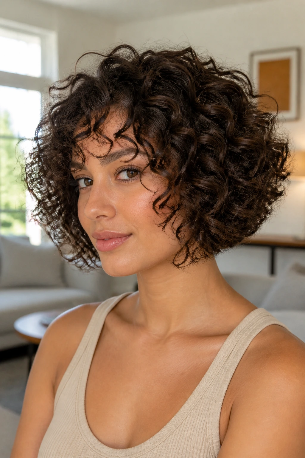 Close-up of a woman with a layered curly bob.