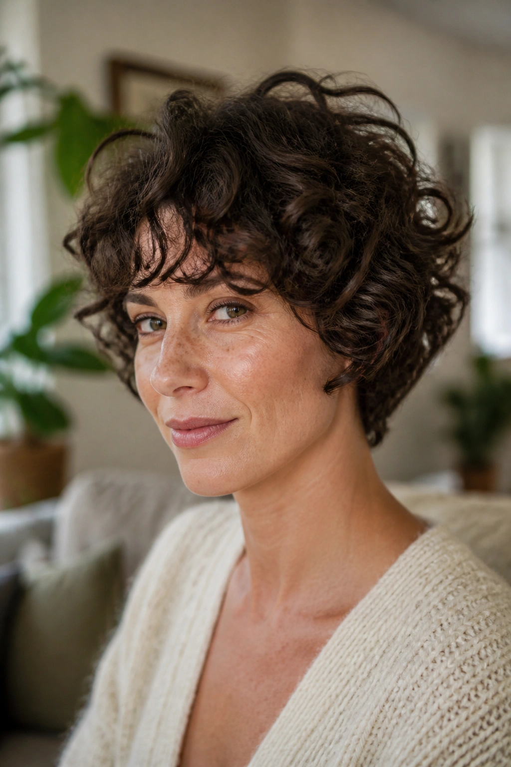 Close-up of a real person with layered curly crop for fine waves in soft living room light.