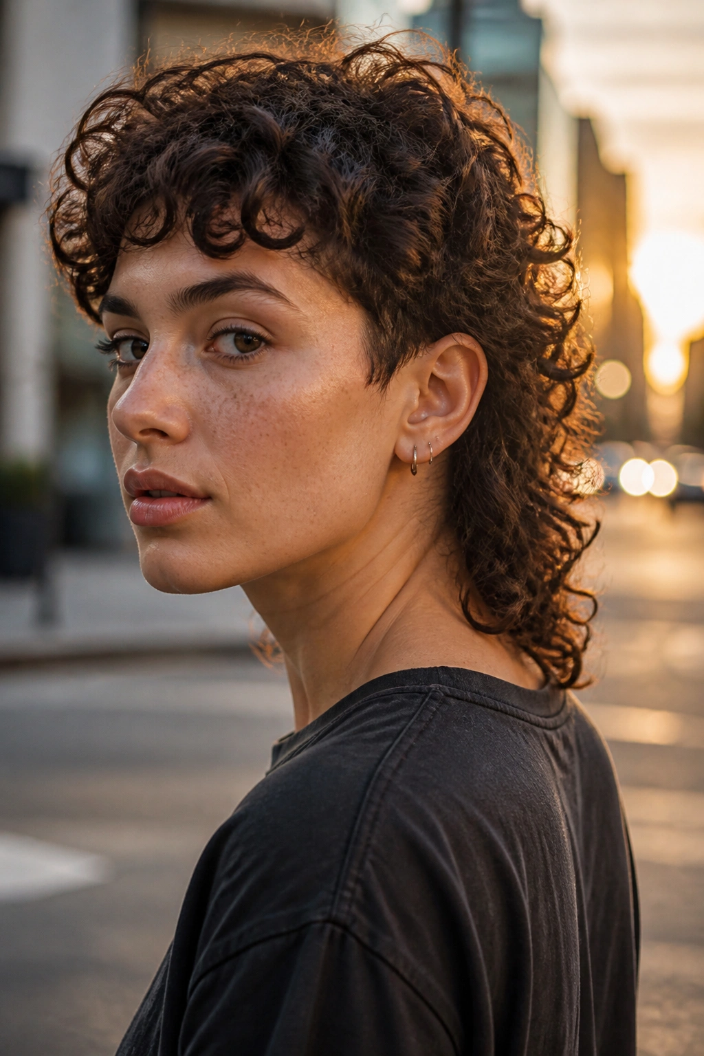 Close-up of a real person with layered curly mullet and soft nape.