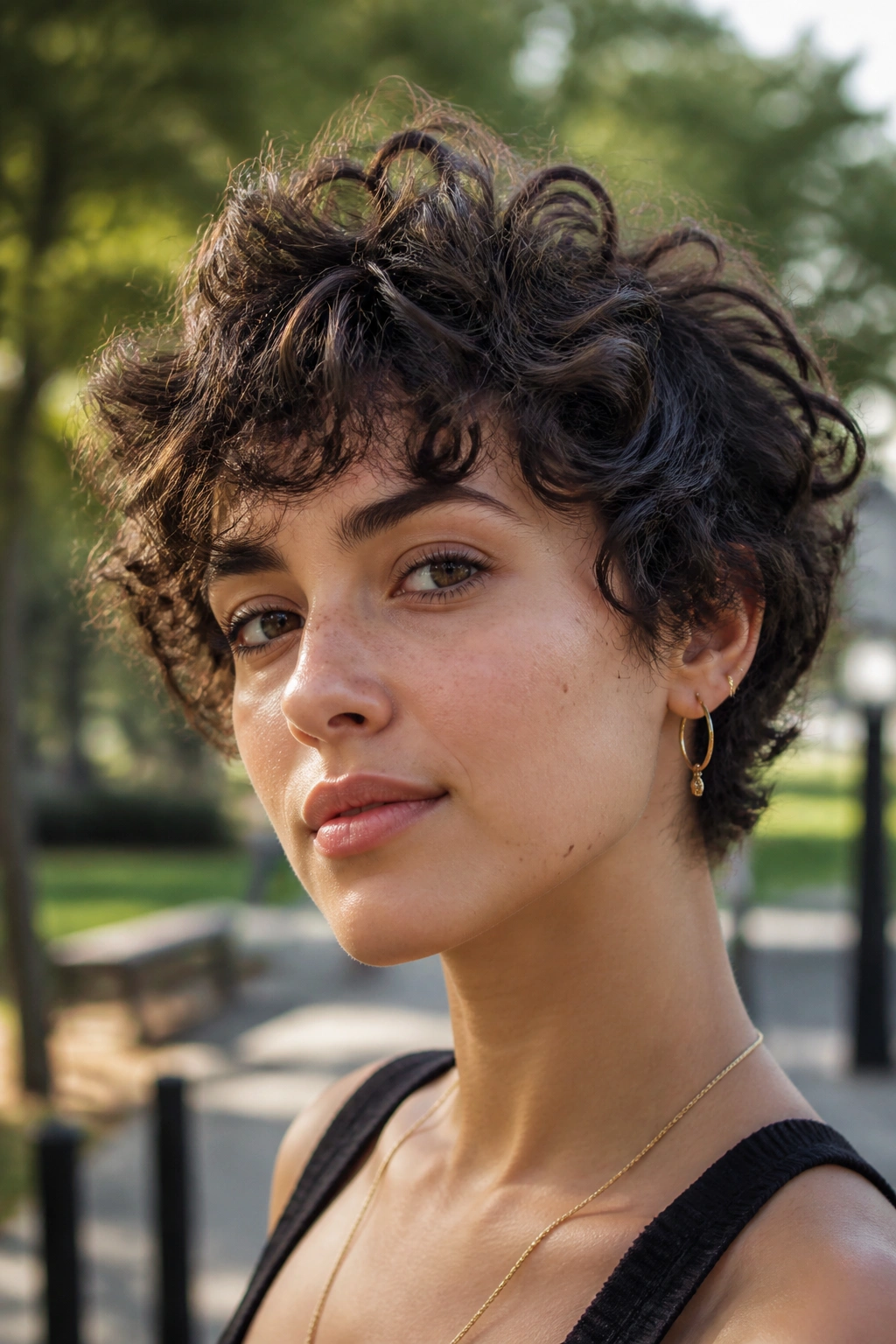 Portrait of a woman with layered curly pixie showing movement in the curls