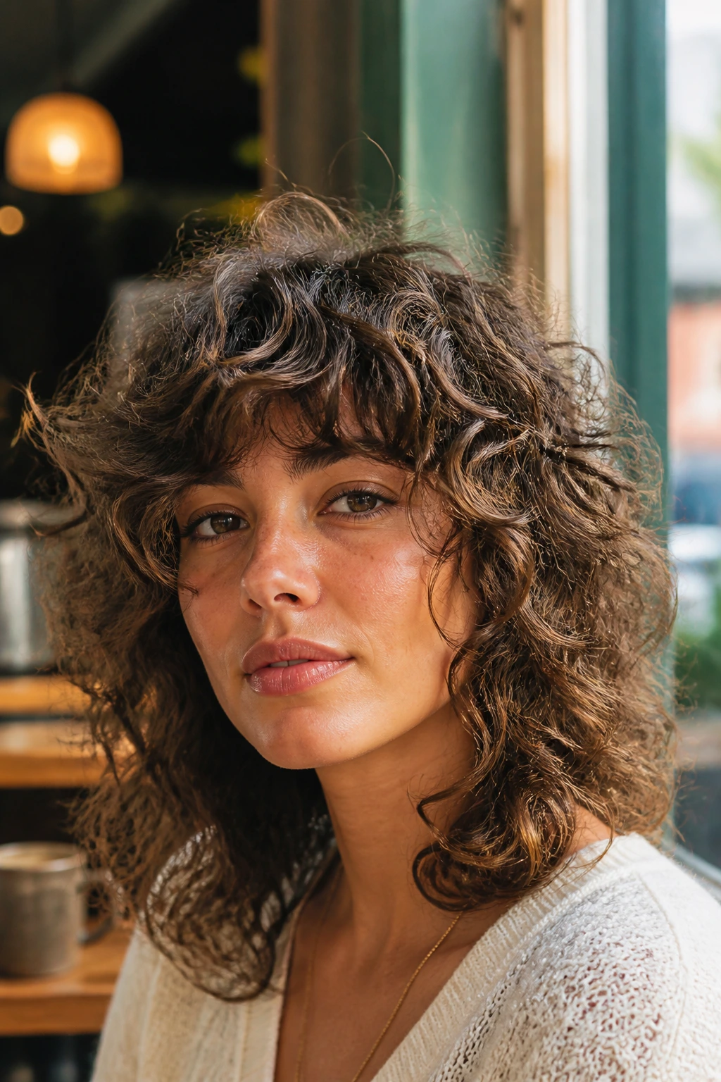 Close-up portrait of a real woman with layered curly shag and face-framing curls in warm cafe light