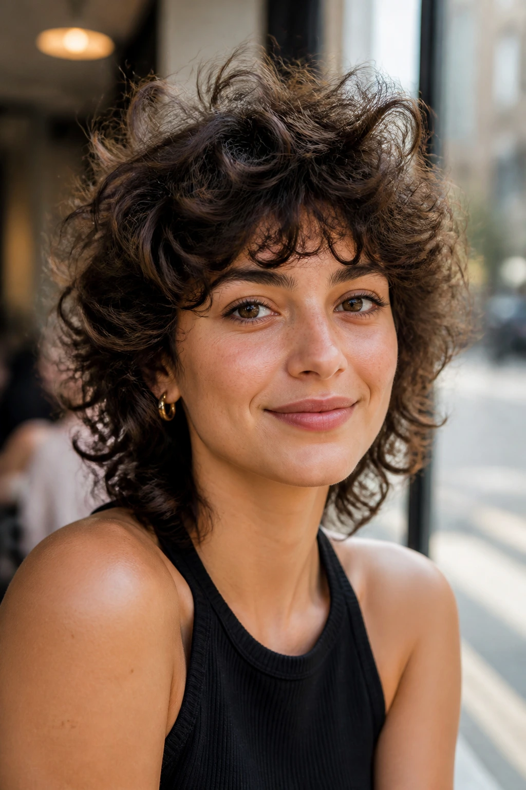 Close-up of a real person with layered curly shag hairstyle and lifted crown in cafe window