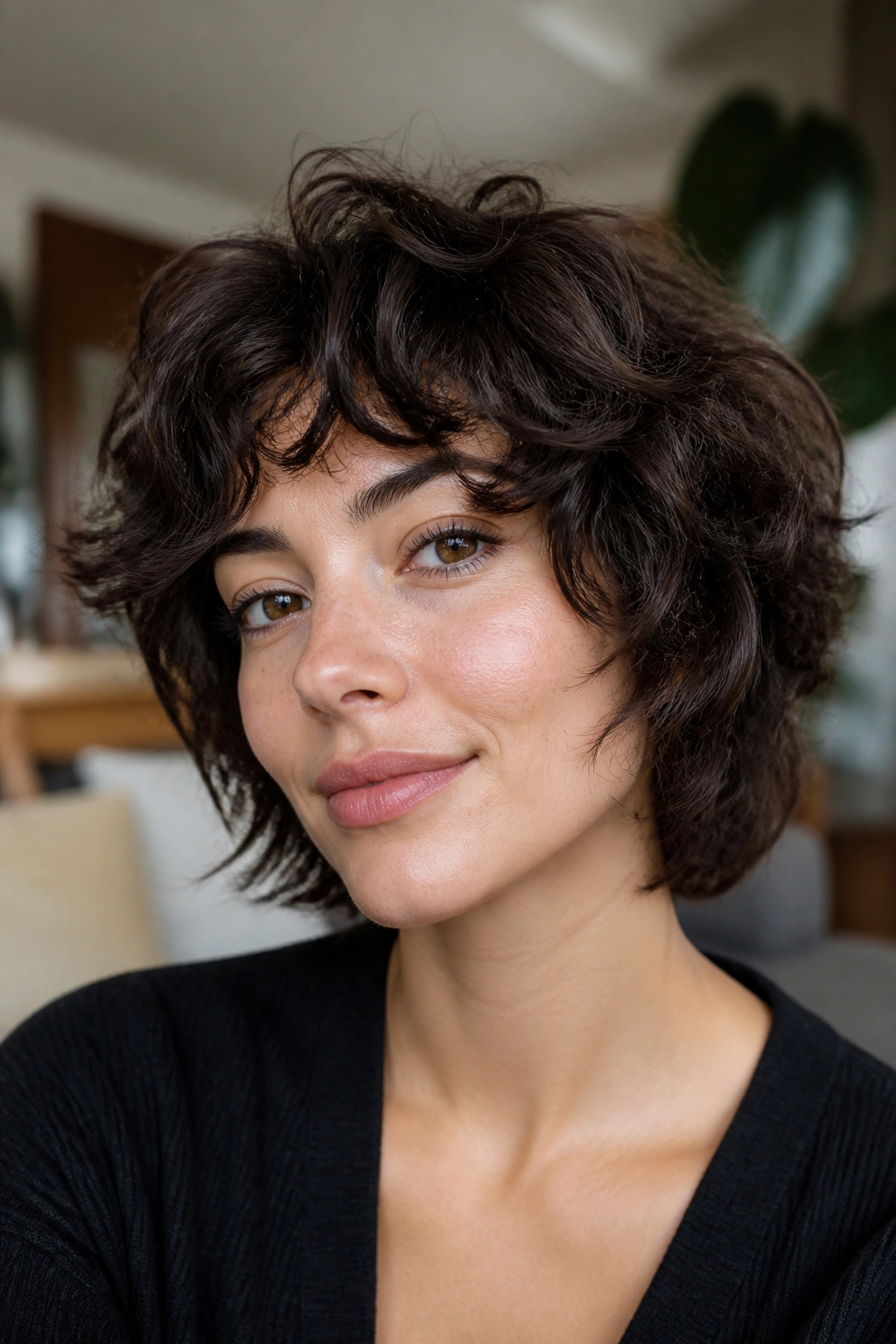 Close-up portrait of a woman with layered curly shag hairstyle