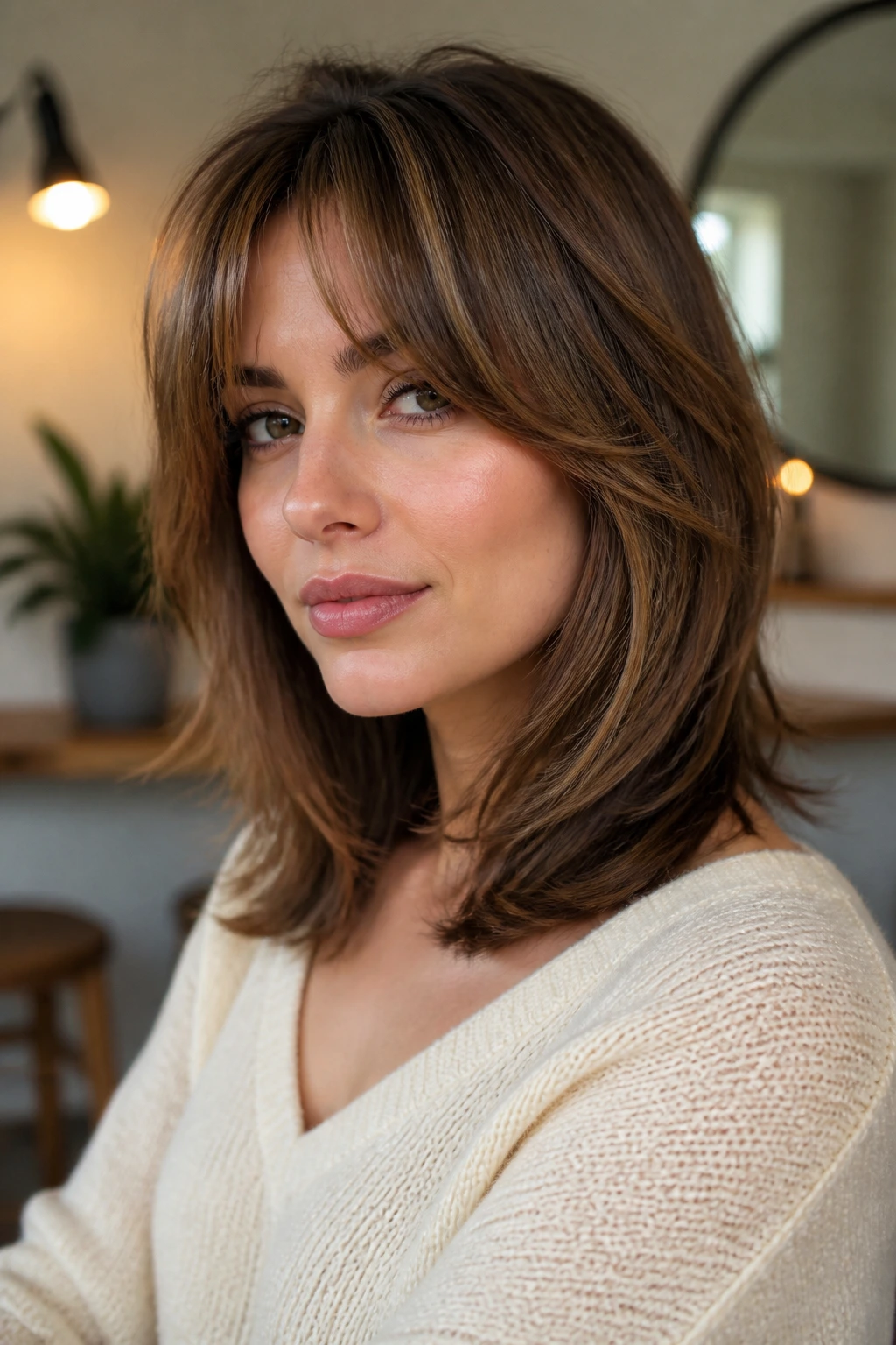 Close-up portrait of a real woman with layered cut and bottleneck bangs