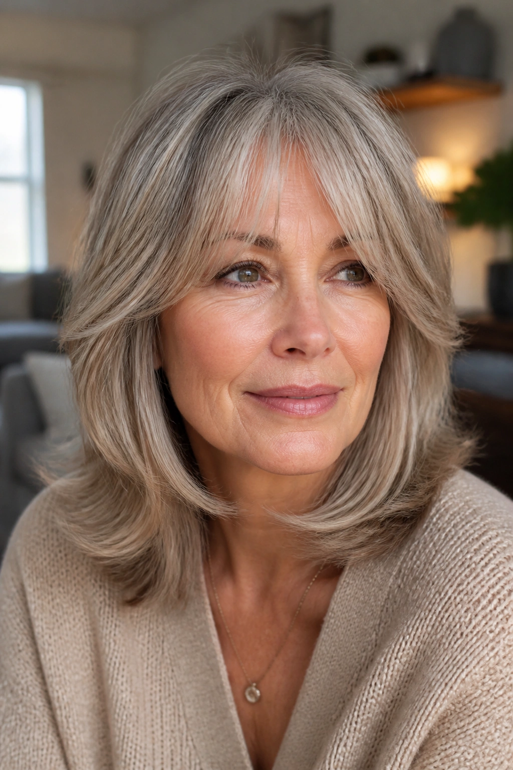 Close-up of a real woman with layered cut and curtain bangs