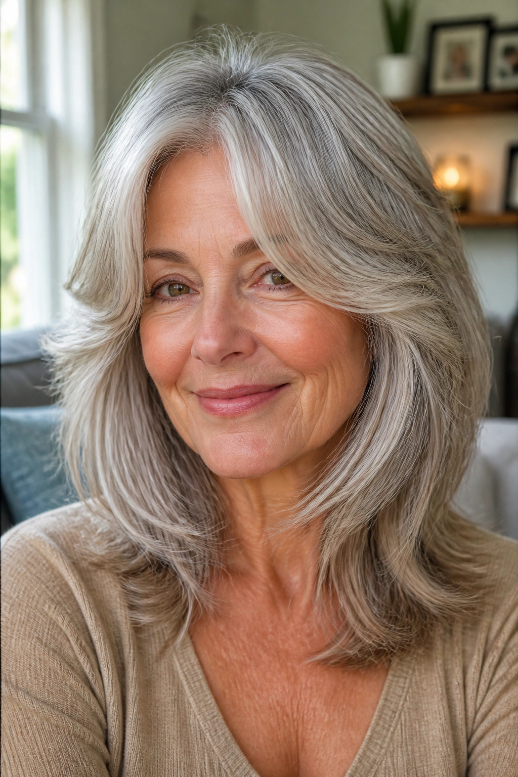 Close-up of a real woman showing the layered cut with curtain bangs for women over 60