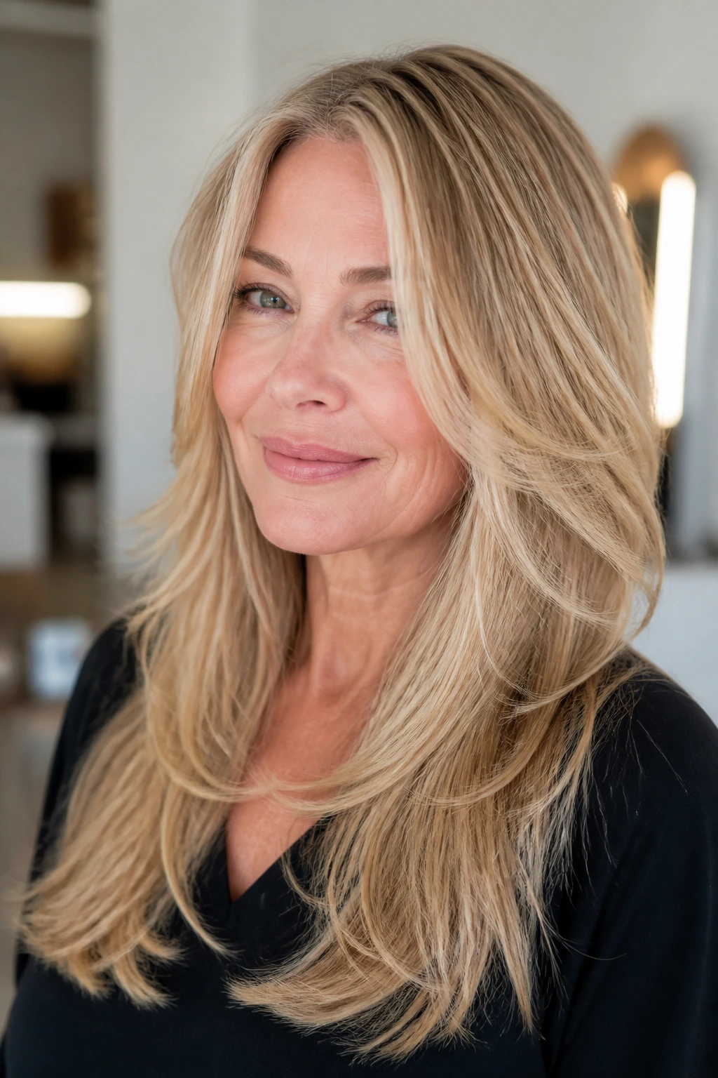 Close-up of a real woman with layered airy ends on fine hair.