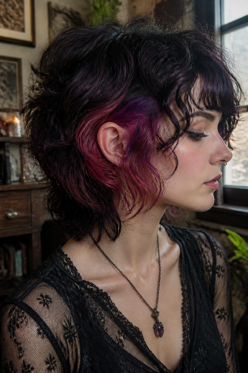 Close-up portrait of real person with layered curly cut and peekaboo color panels