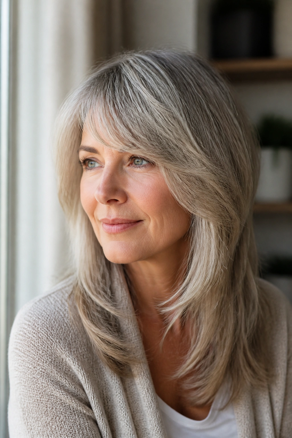 Real woman with layered cut and side-swept bangs in natural light