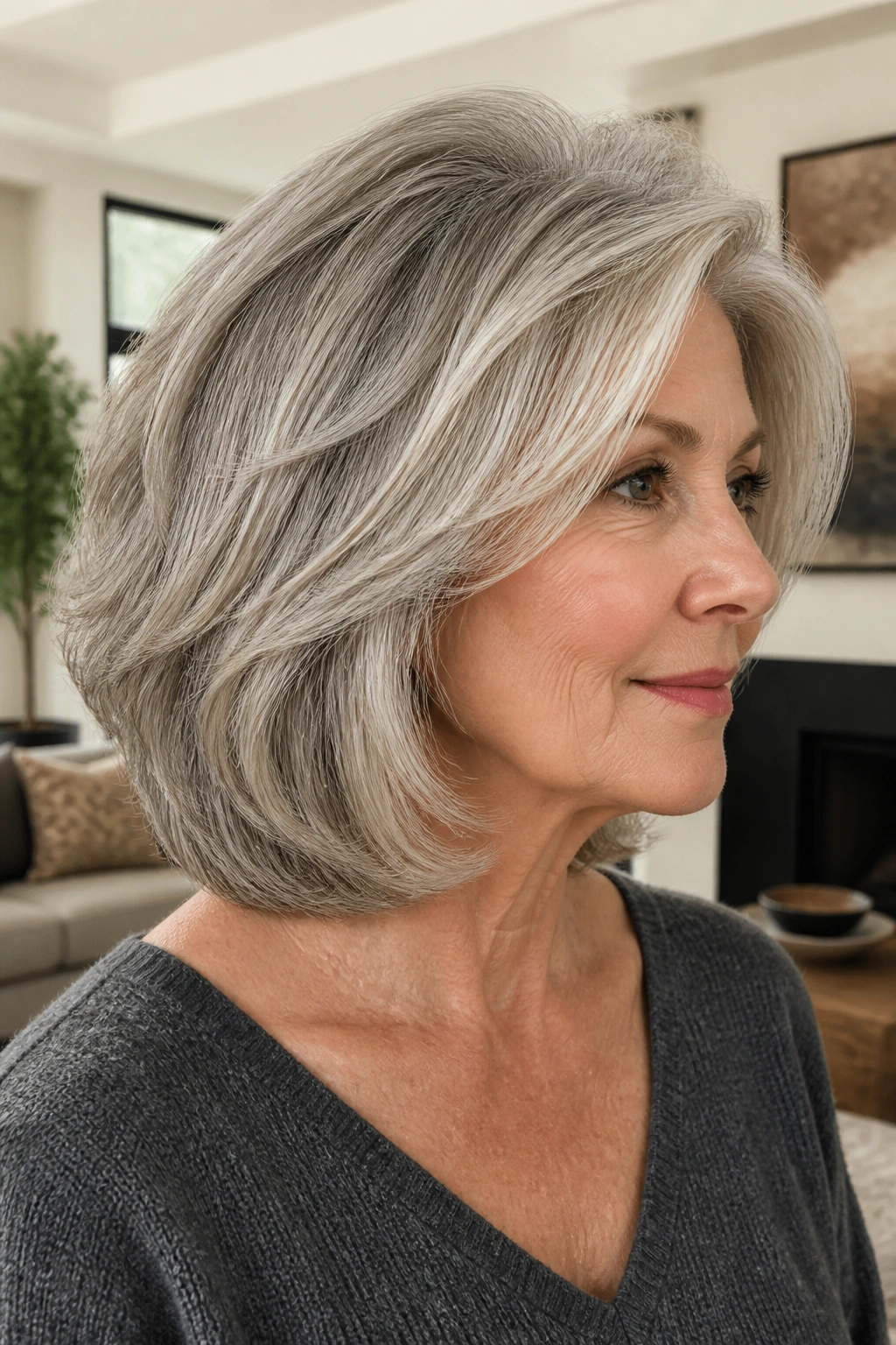 Close-up of a real woman with a thick layered hair cut.