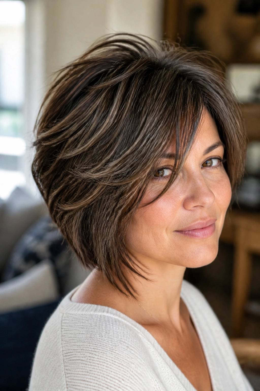 Portrait of a real person with a layered cut for thick hair