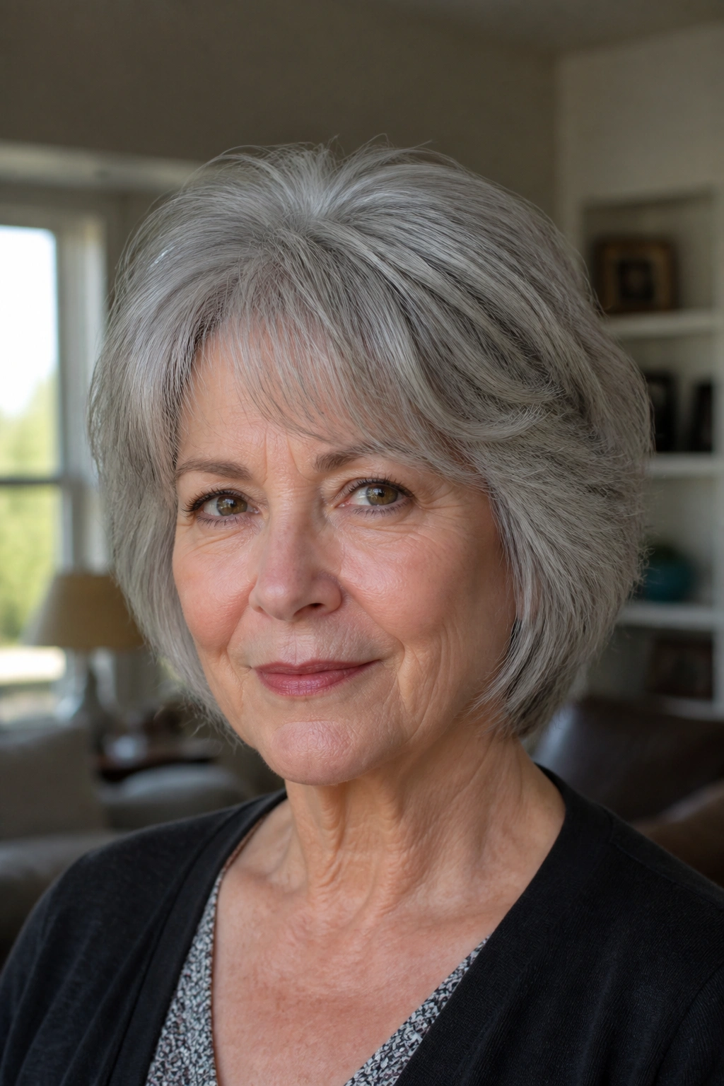 Close-up portrait of a real woman with layered cut for thick hair showing weight removal