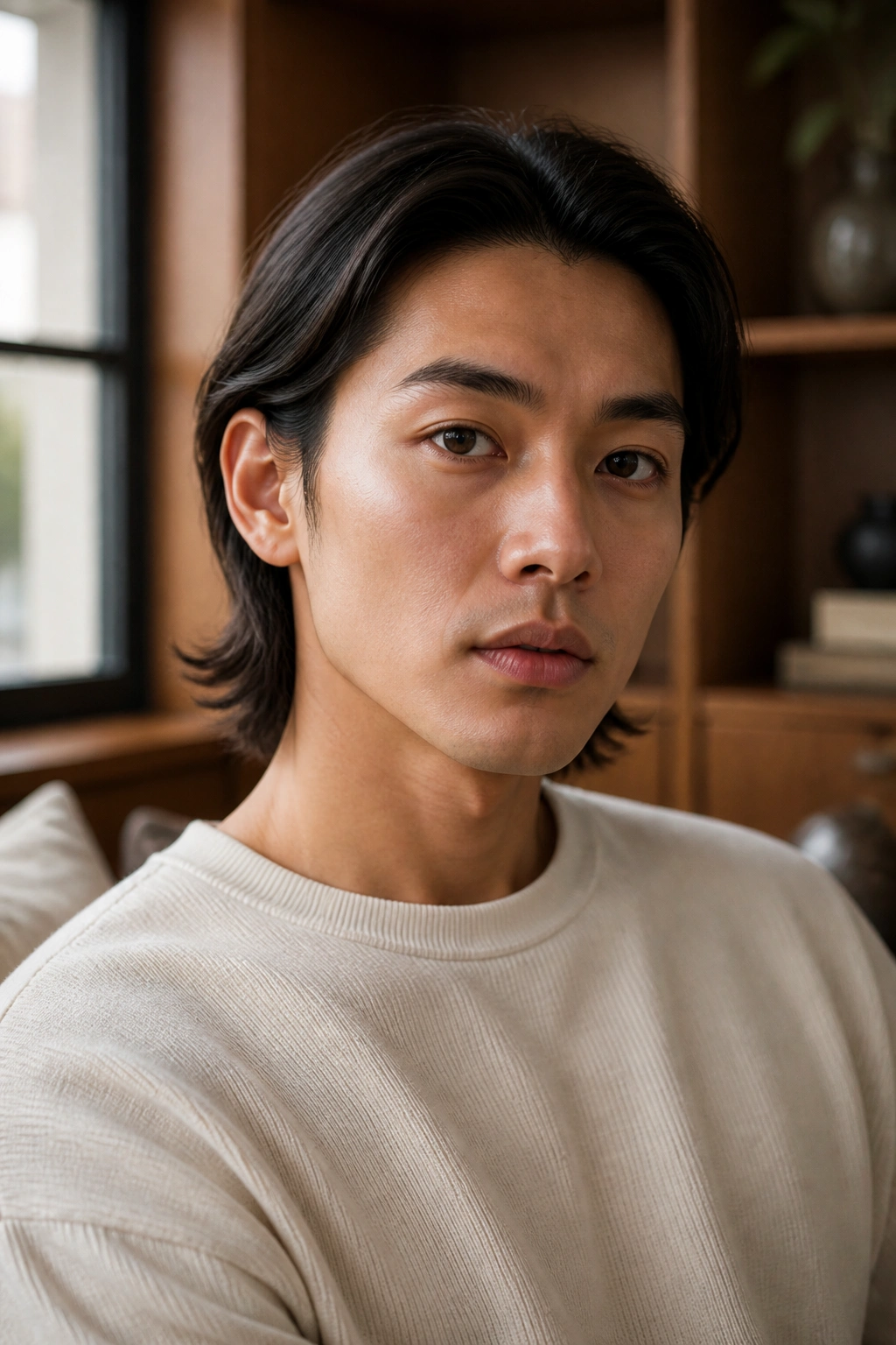 Real man with tucked-behind-the-ears layered haircut in soft daylight