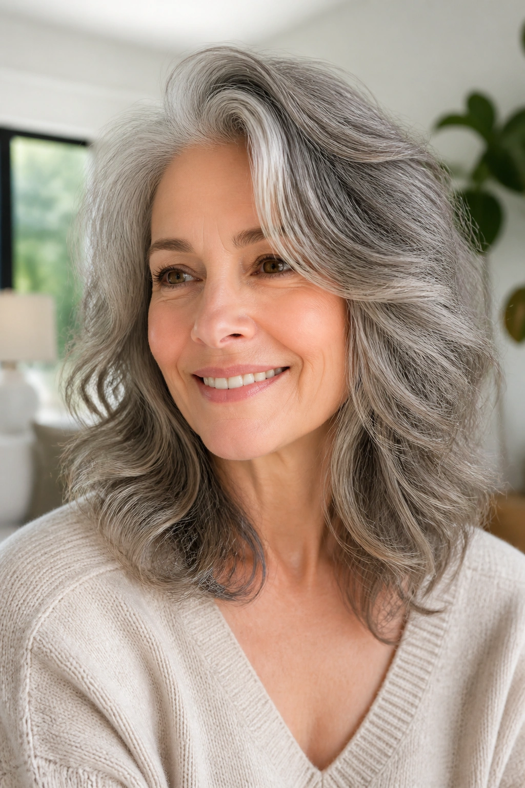 Close-up of a layered cut on wavy gray hair