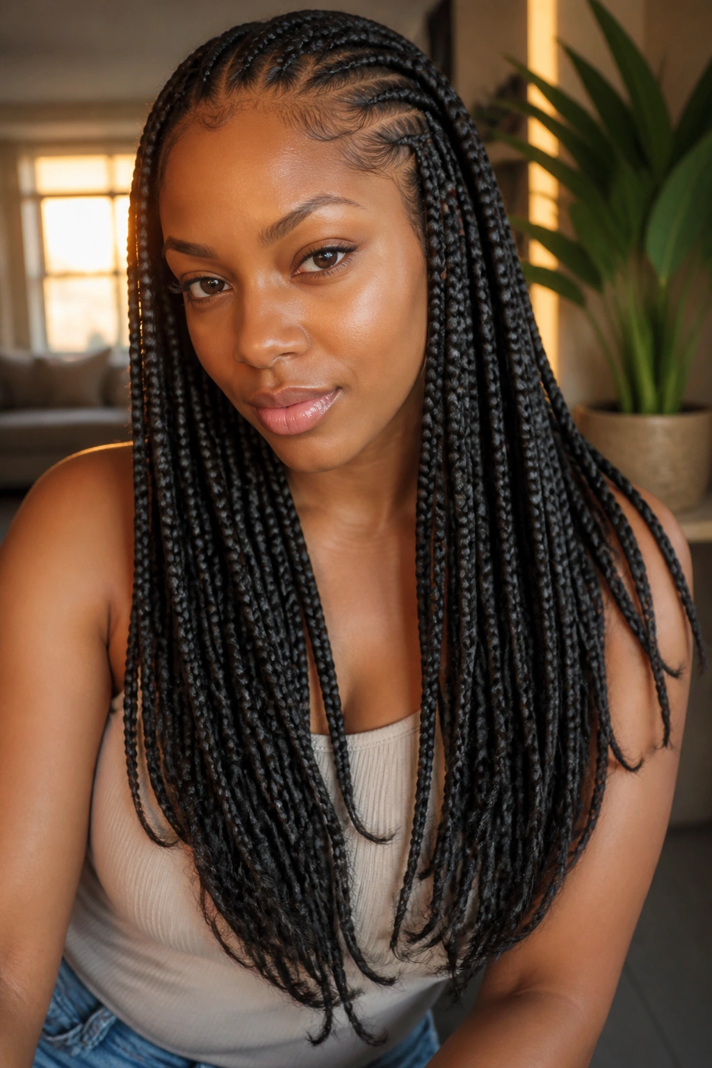 Close-up portrait of a real Black woman with feed-in braids featuring layered ends