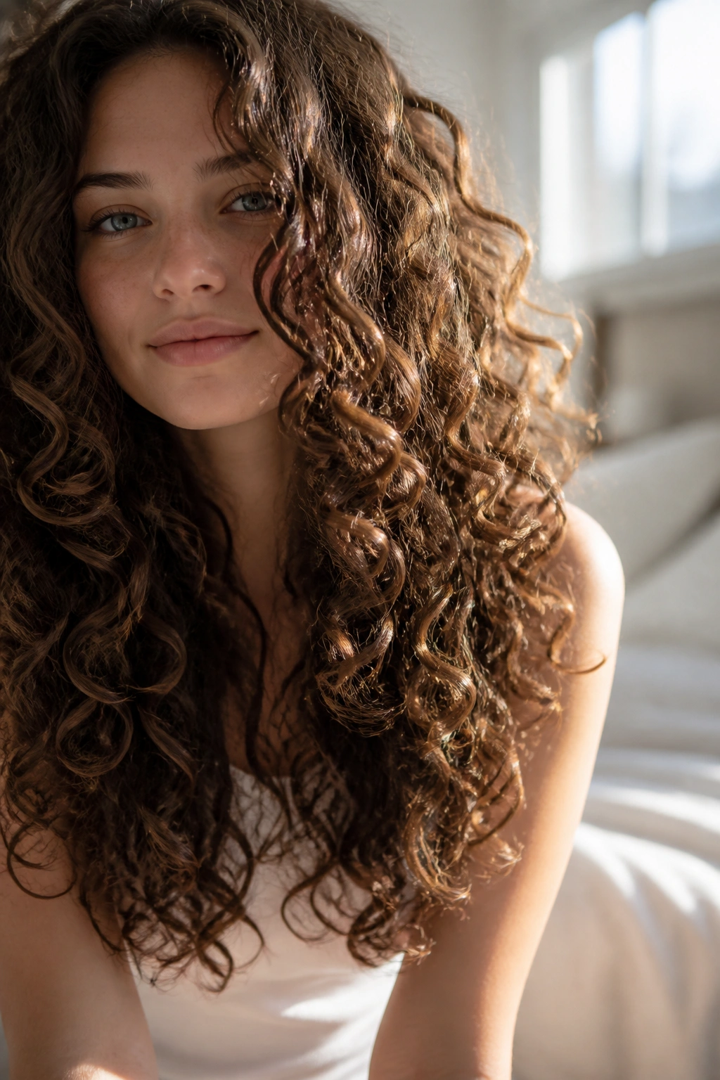Close-up portrait of a real woman with long curly hair and full dense ends