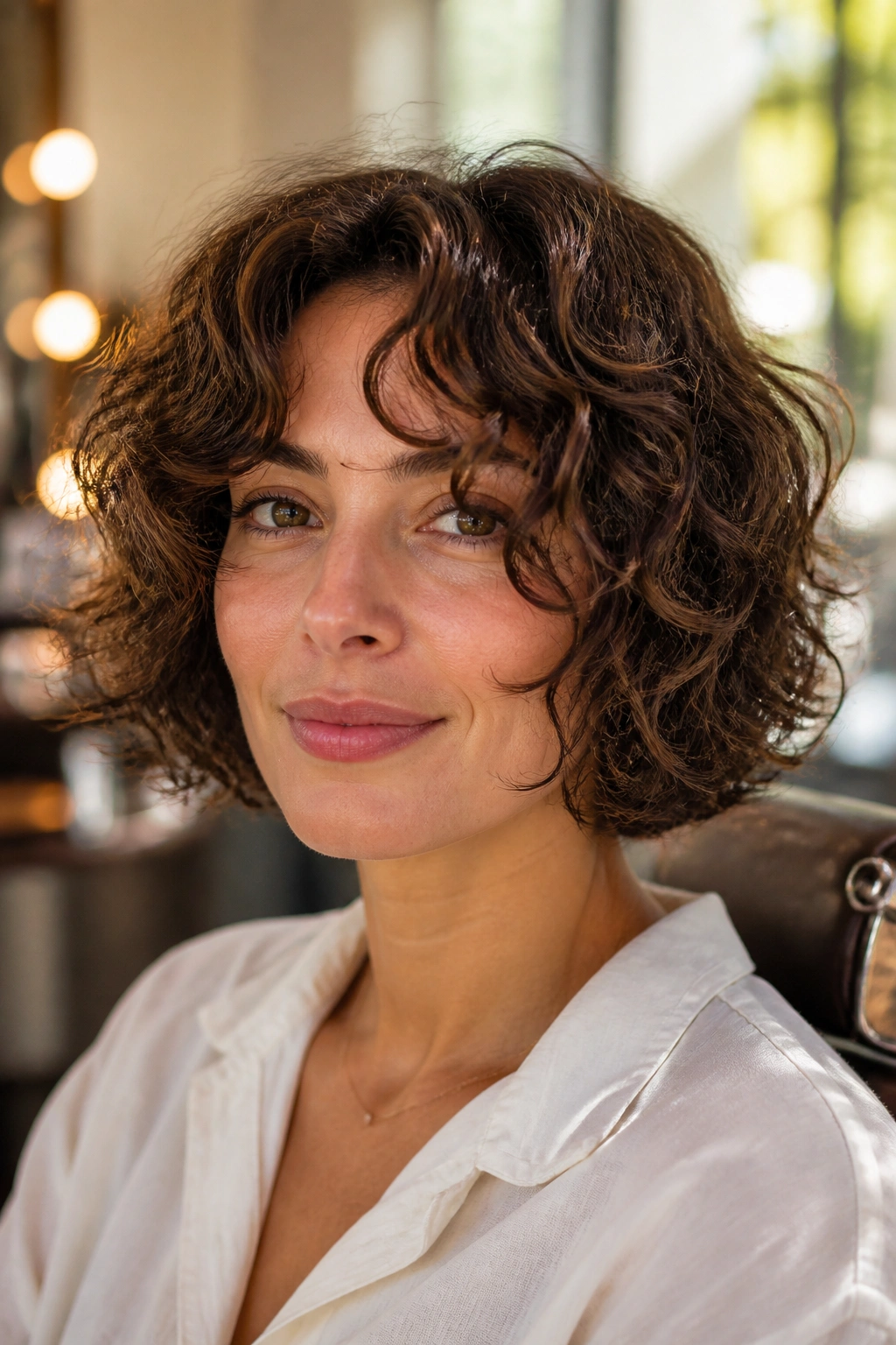 Close-up of a real woman with layered French bob and curly curtain bangs.