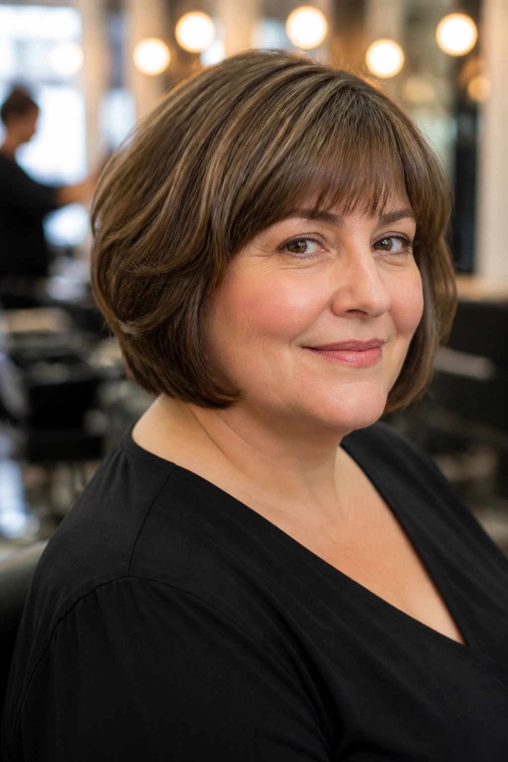 Portrait of a woman with layered French Bob and soft fringe.