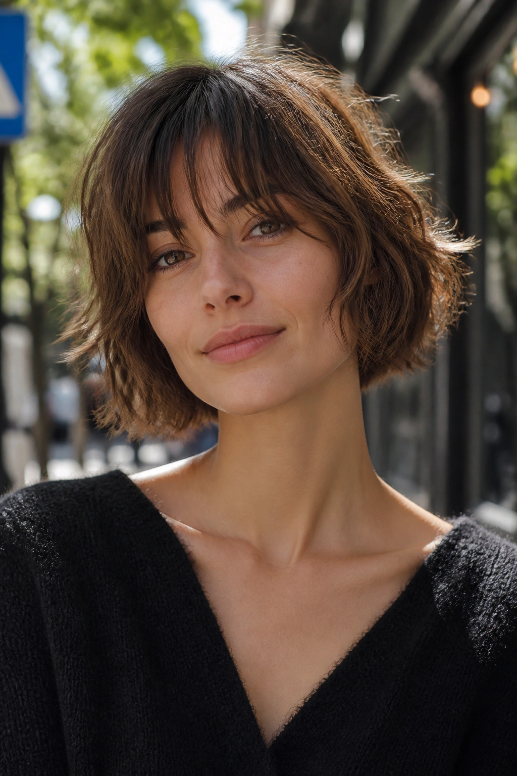 Close-up of a real woman with layered French bob and shaggy fringe on a city street.