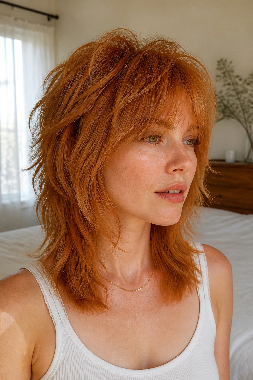 Close-up portrait of a real woman with layered ginger wolf cut for fine hair in bright room