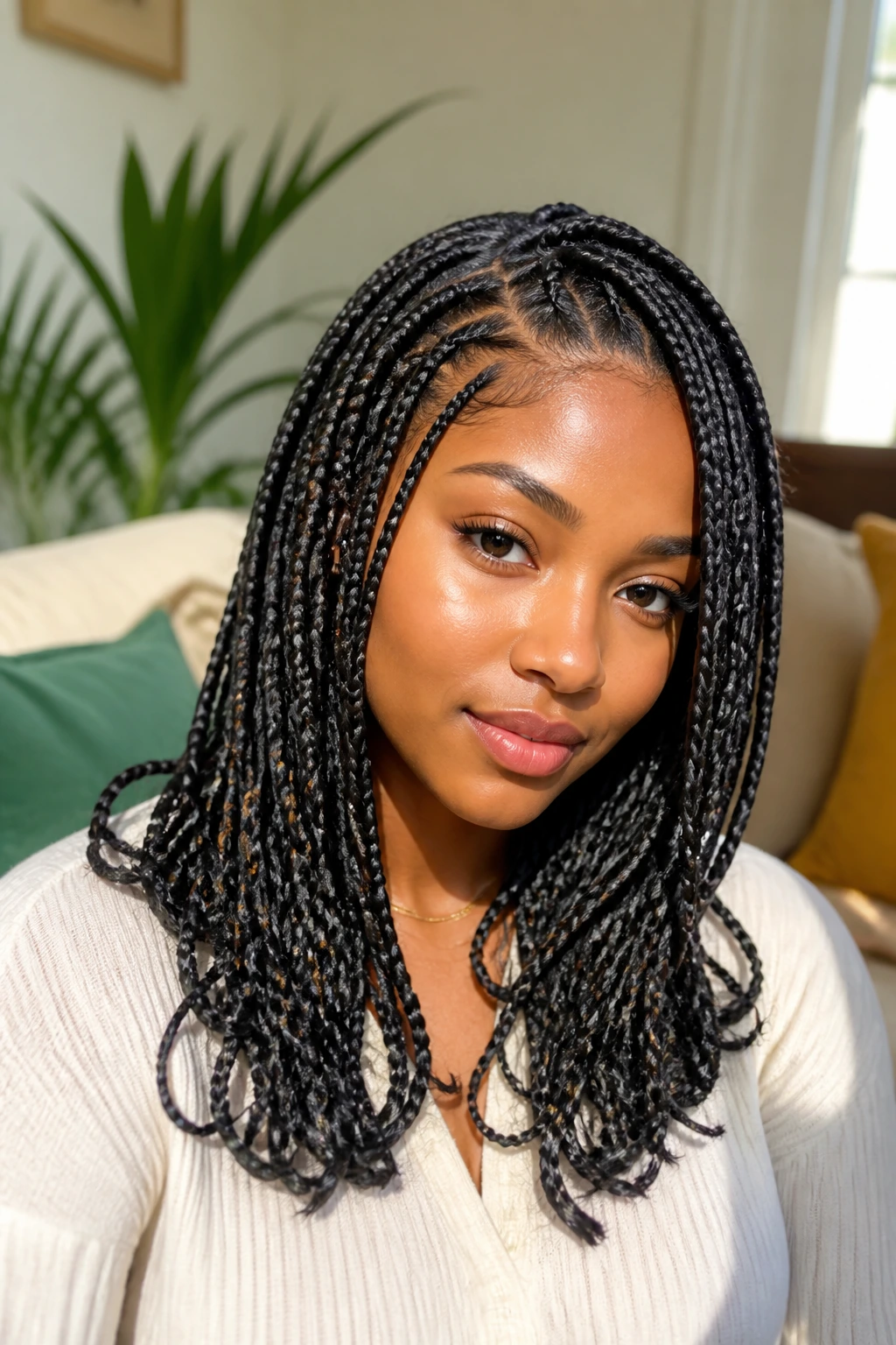 Real woman with layered small-to-medium goddess braids in a cozy room
