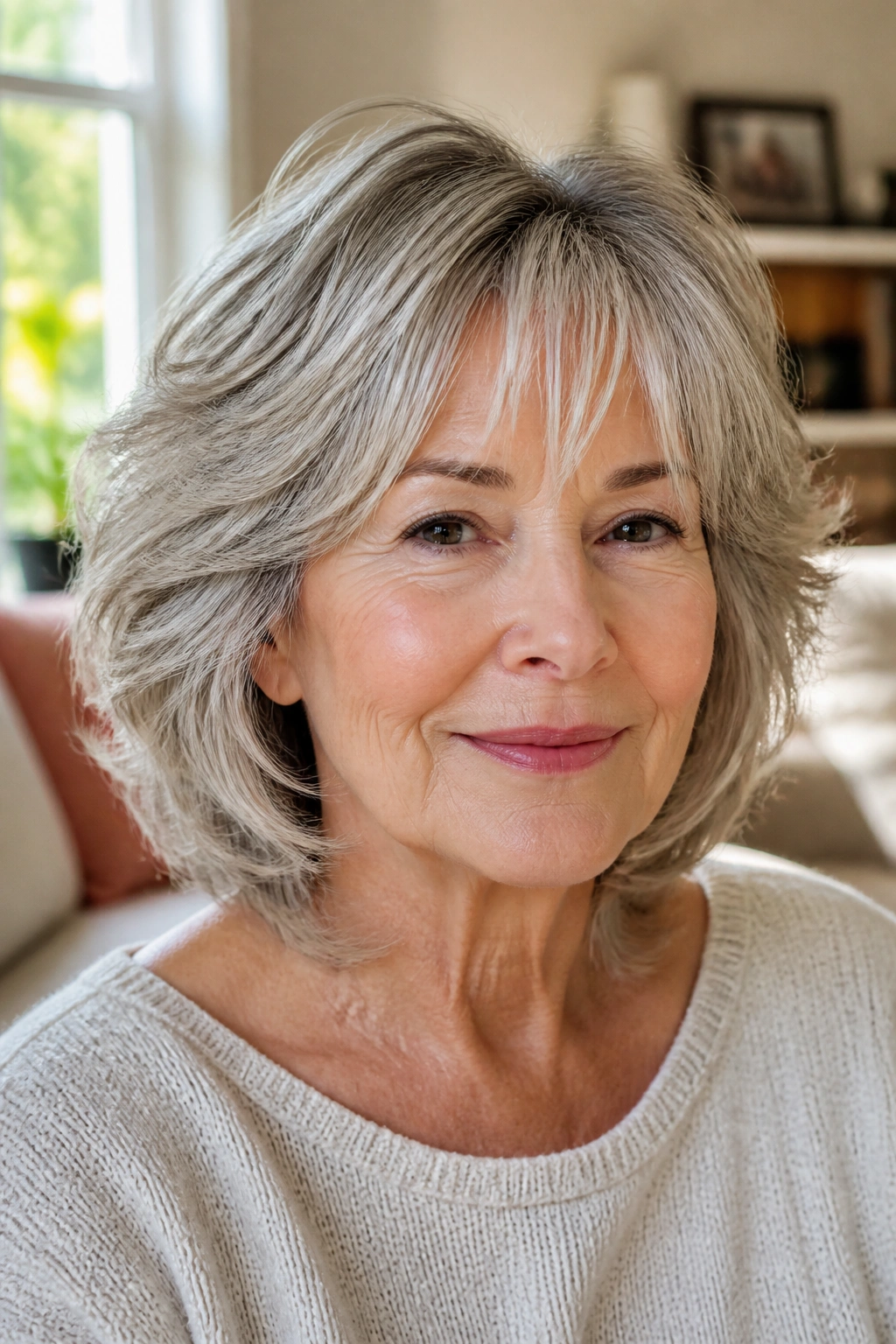 Close-up portrait of a real woman with layered cut and wispy bangs in warm window light.