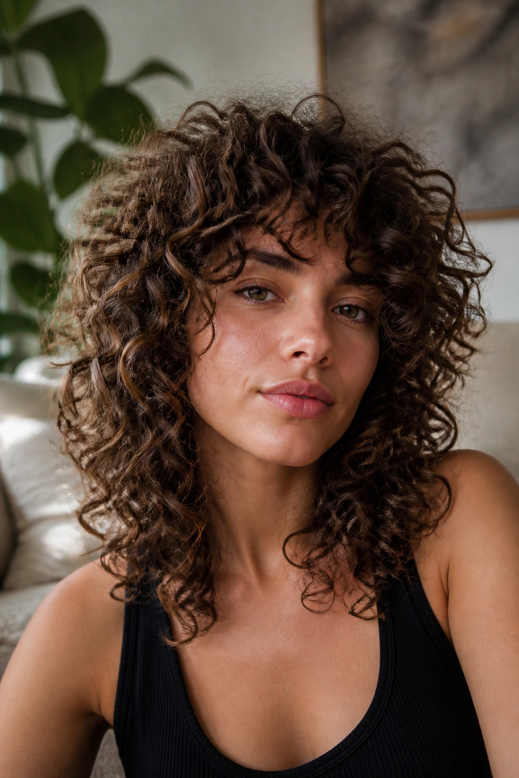 Portrait of a real woman with layered halo wolf cut and circular curl halo.