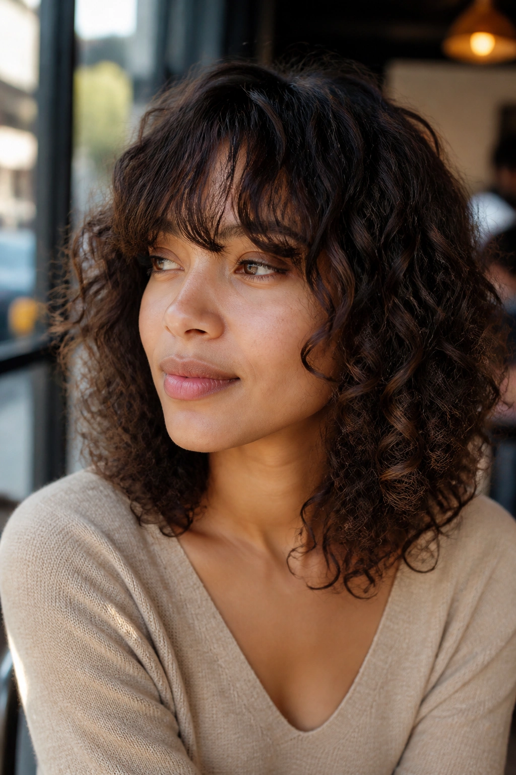 Close-up of a real woman with layered lob and soft bangs in sunlit cafe