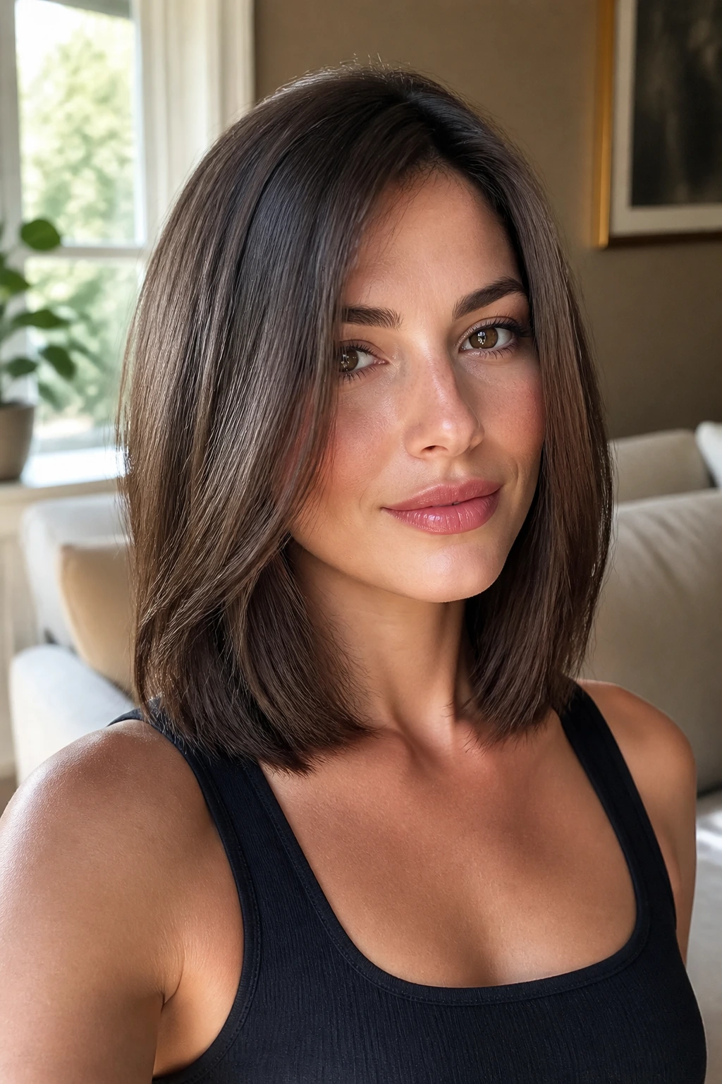Close-up of a real woman with a layered lob and blunt ends, sunlit living room backdrop