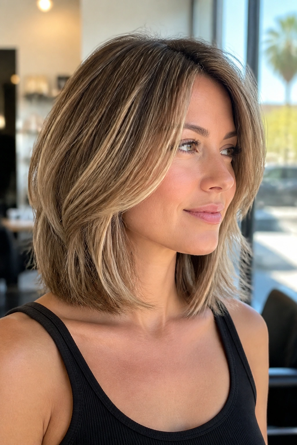 Close-up of a real woman with a collarbone-length layered lob hairstyle in sunlit salon.