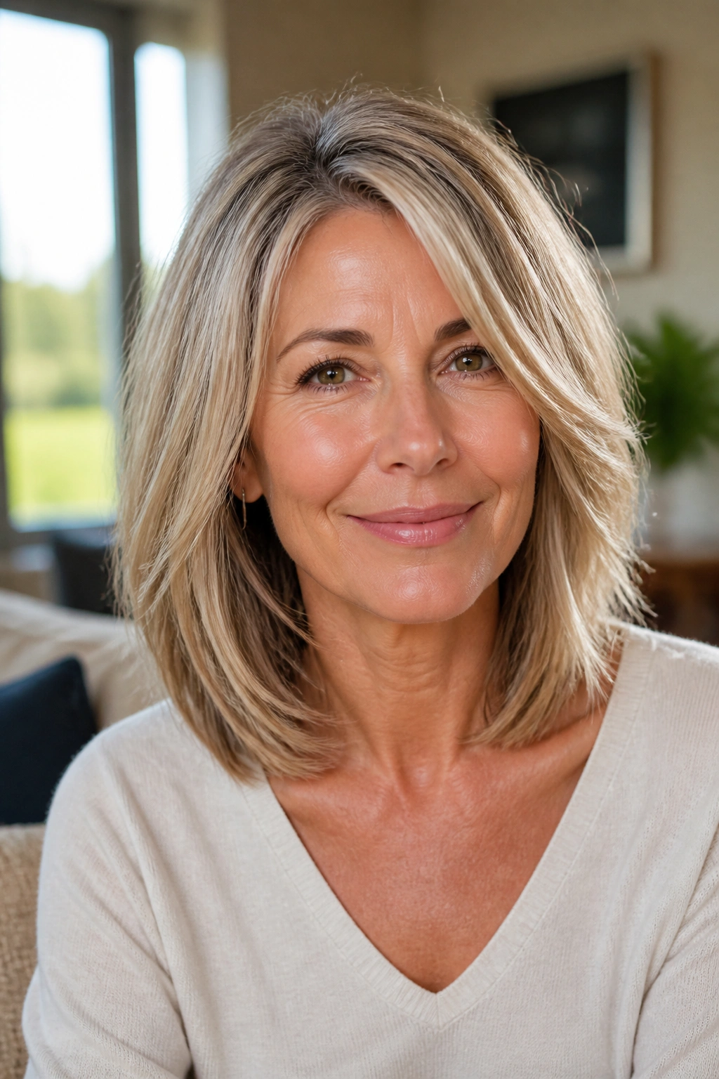 Portrait of a woman with layered lob at collarbone length