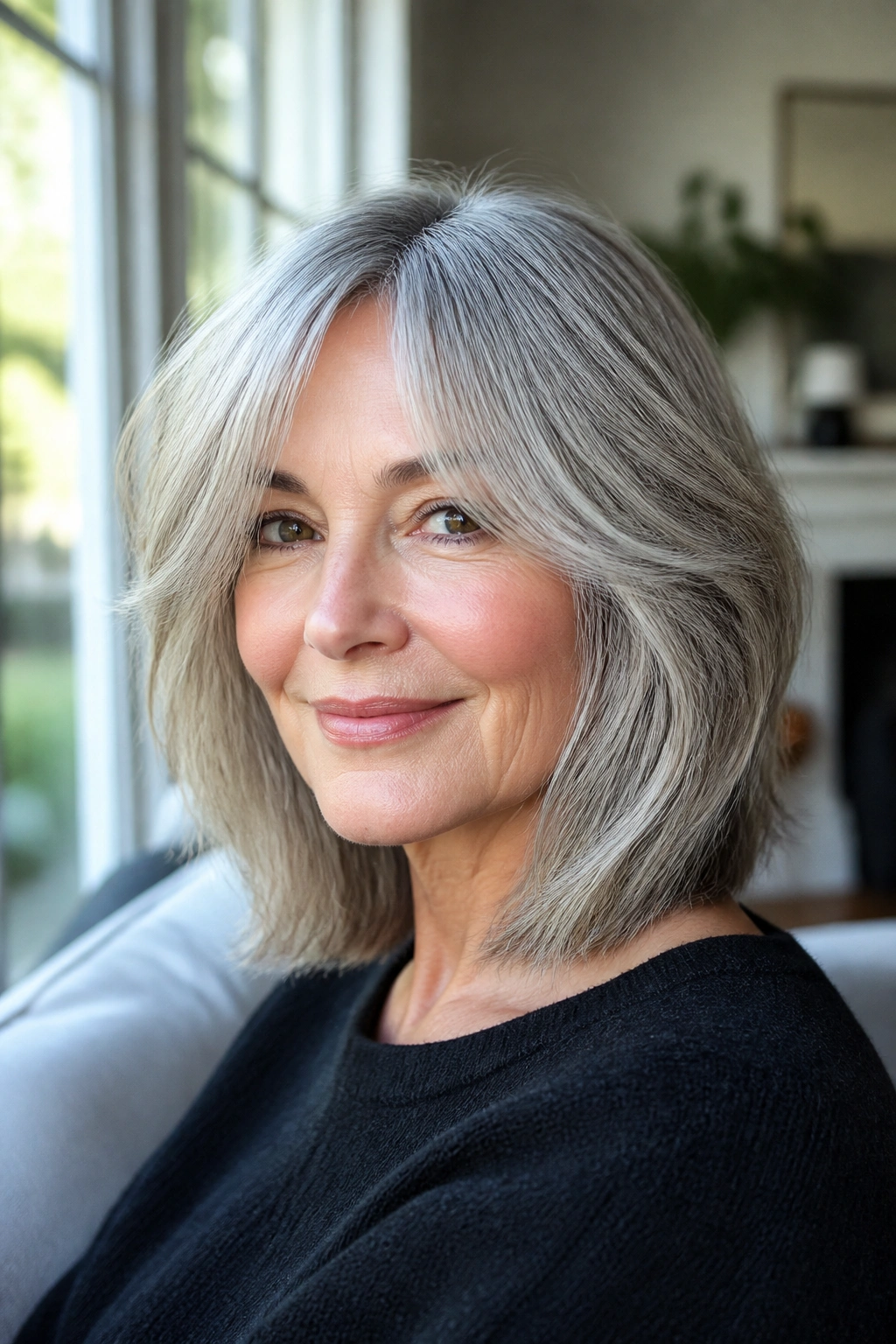Real woman with layered lob and curtain bangs in natural light