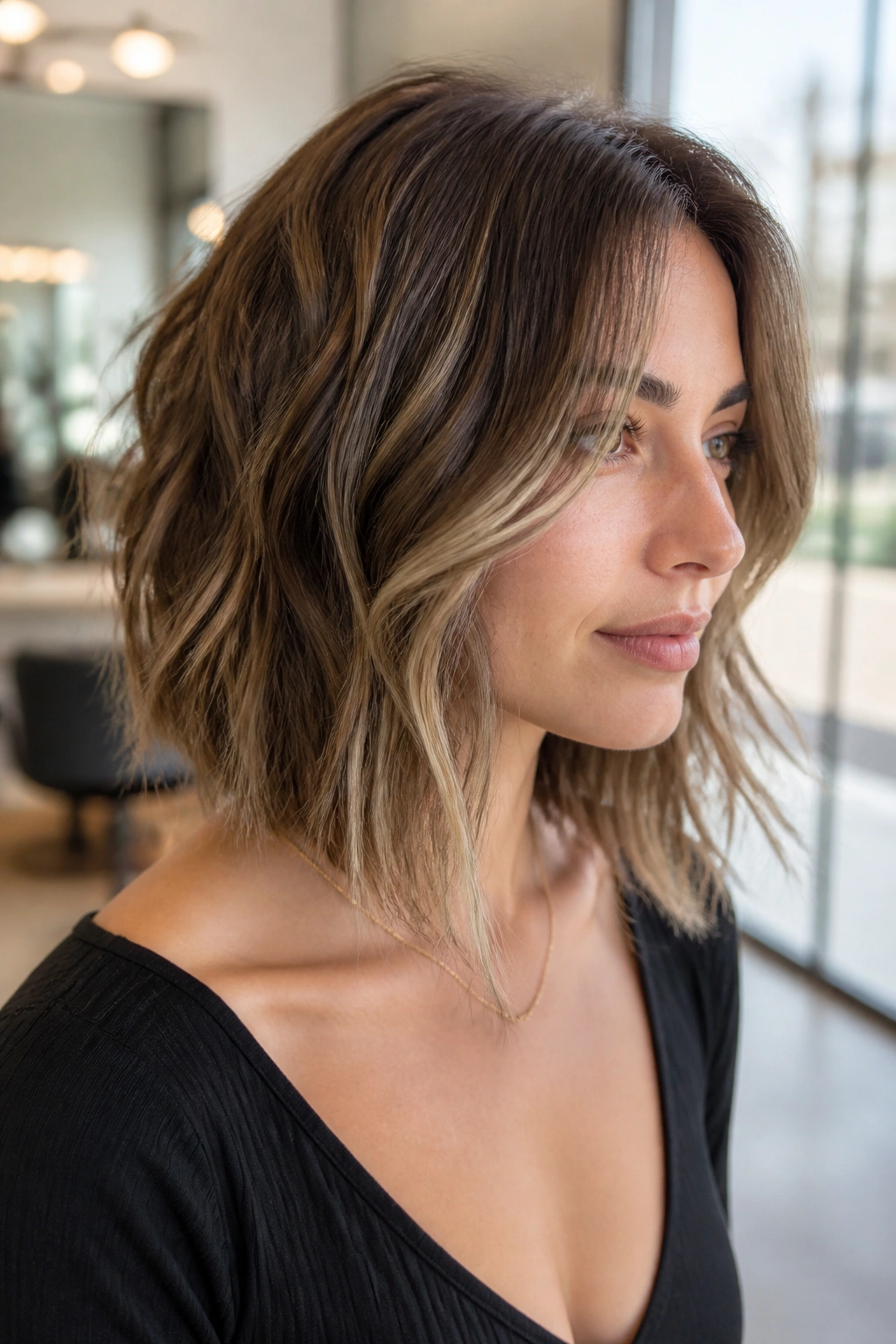 Close-up portrait of a real woman with layered lob and face-framing angle