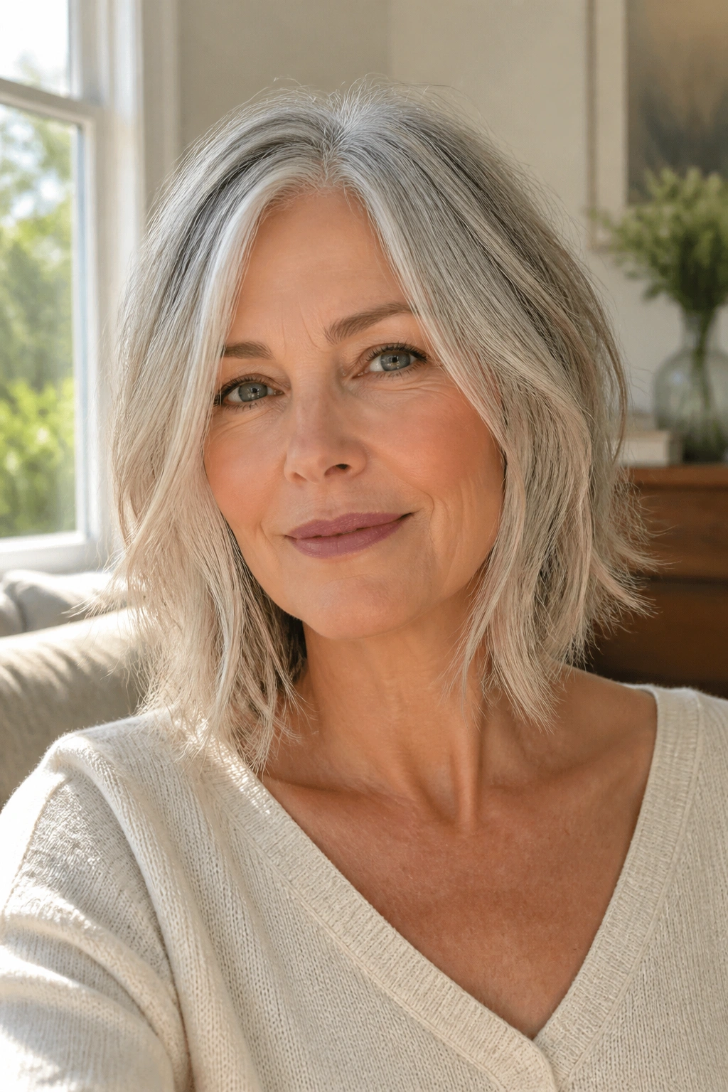 Close-up portrait of a woman with layered lob and loose ends in sunlit room