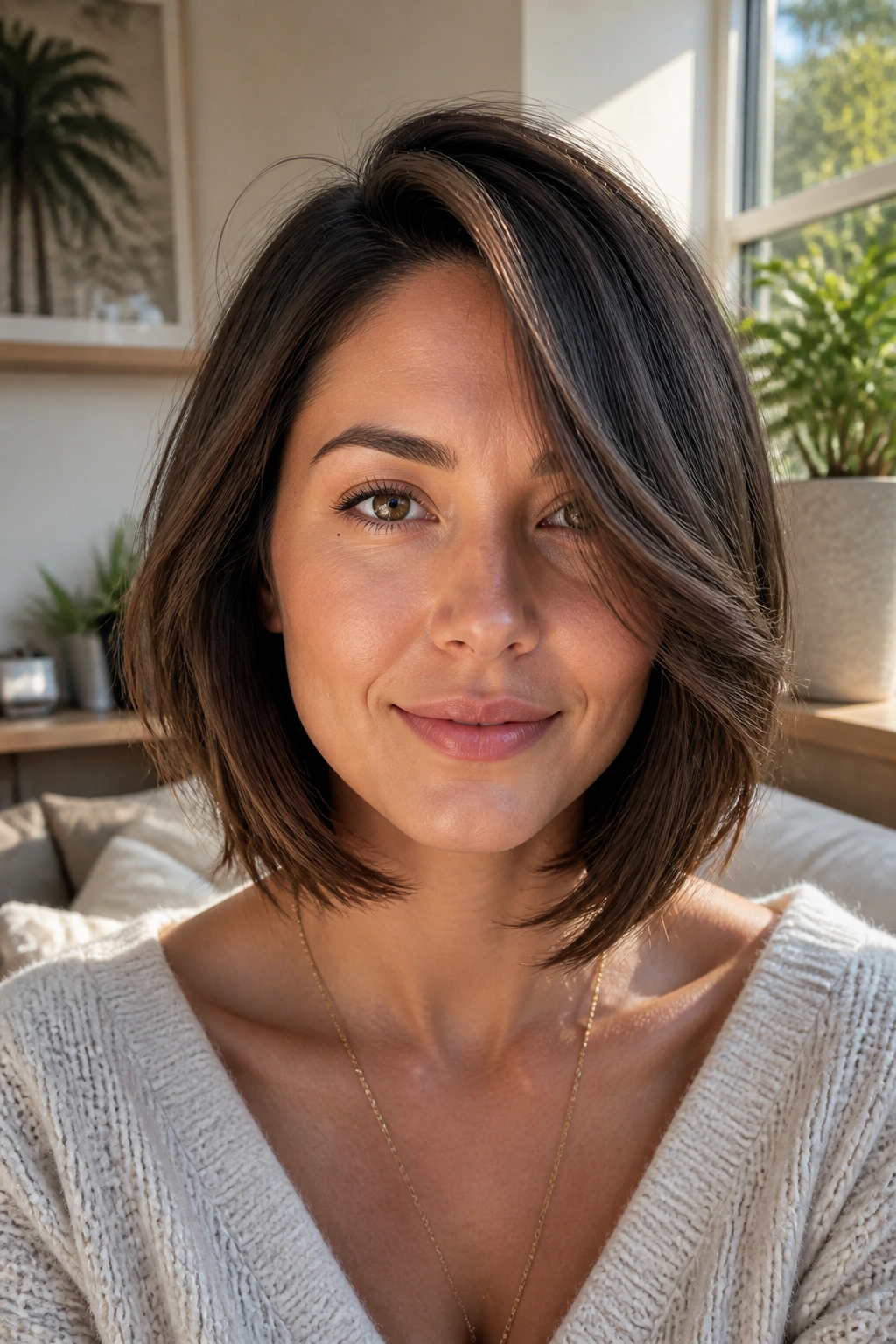 Medium close-up of a real woman with a layered lob and soft off-center part.