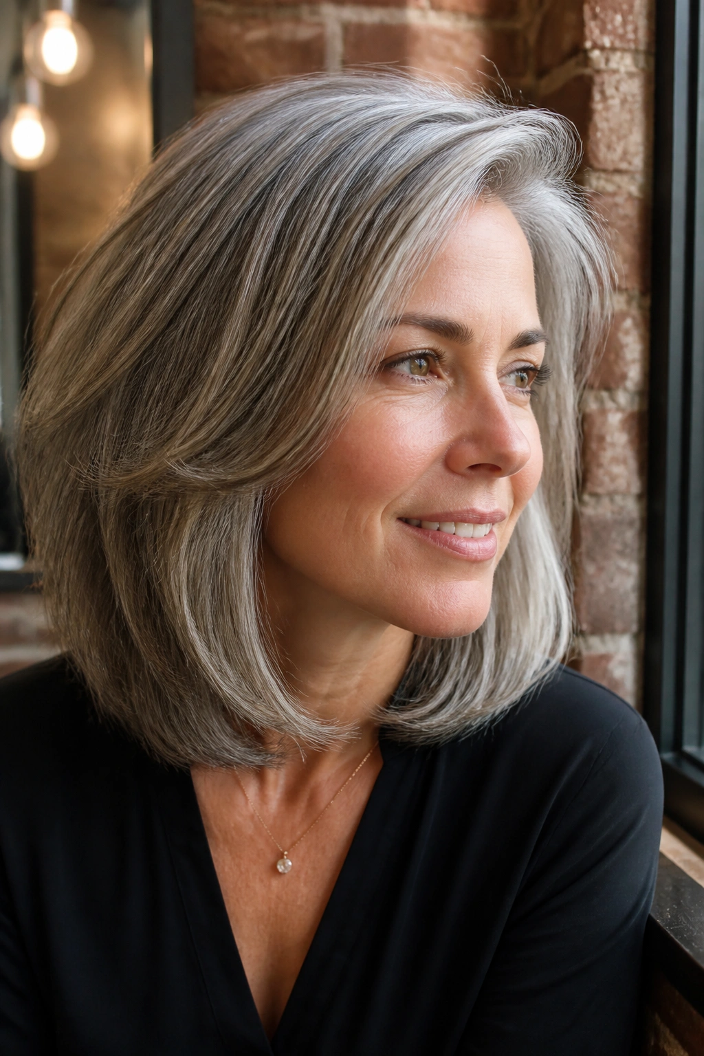 Close-up portrait of a real woman with layered lob and side part.