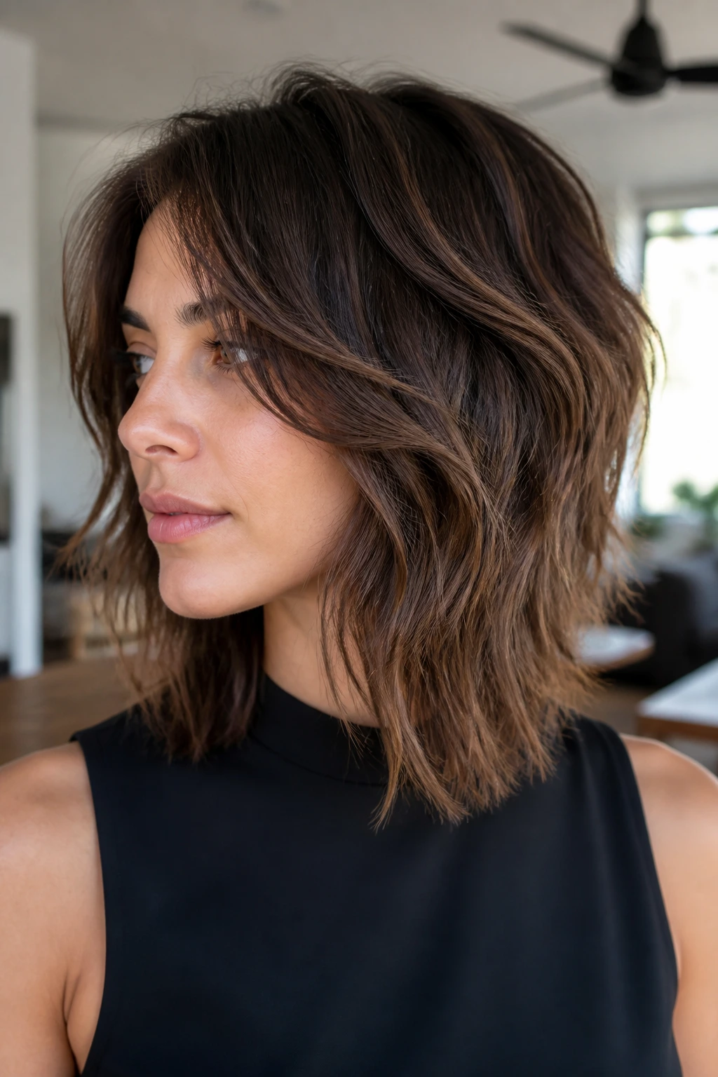 Close-up real person with Layered Lob Shag showing a clean edge and layered interior