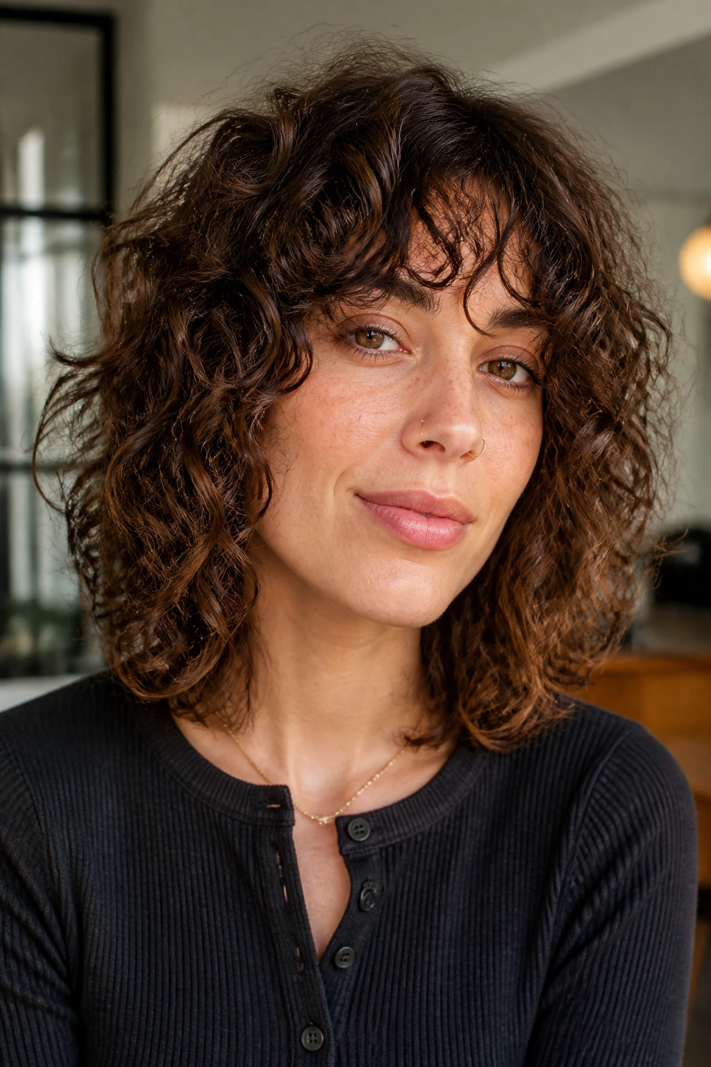 Close-up of a real person with layered lob shag in soft natural light