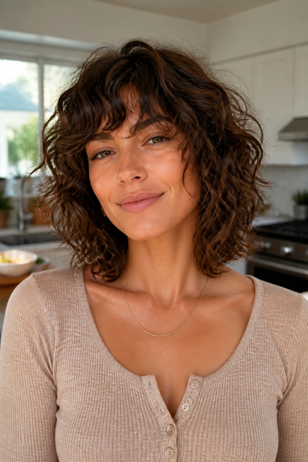 Head-and-shoulders shot of a real person with layered lob shag in a sunlit kitchen