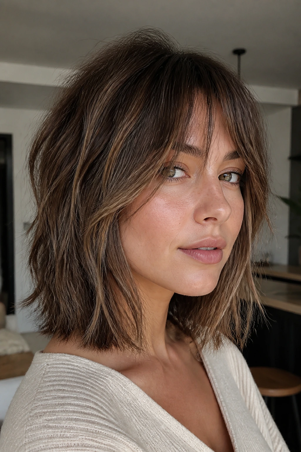Close-up portrait of real person with layered lob shag