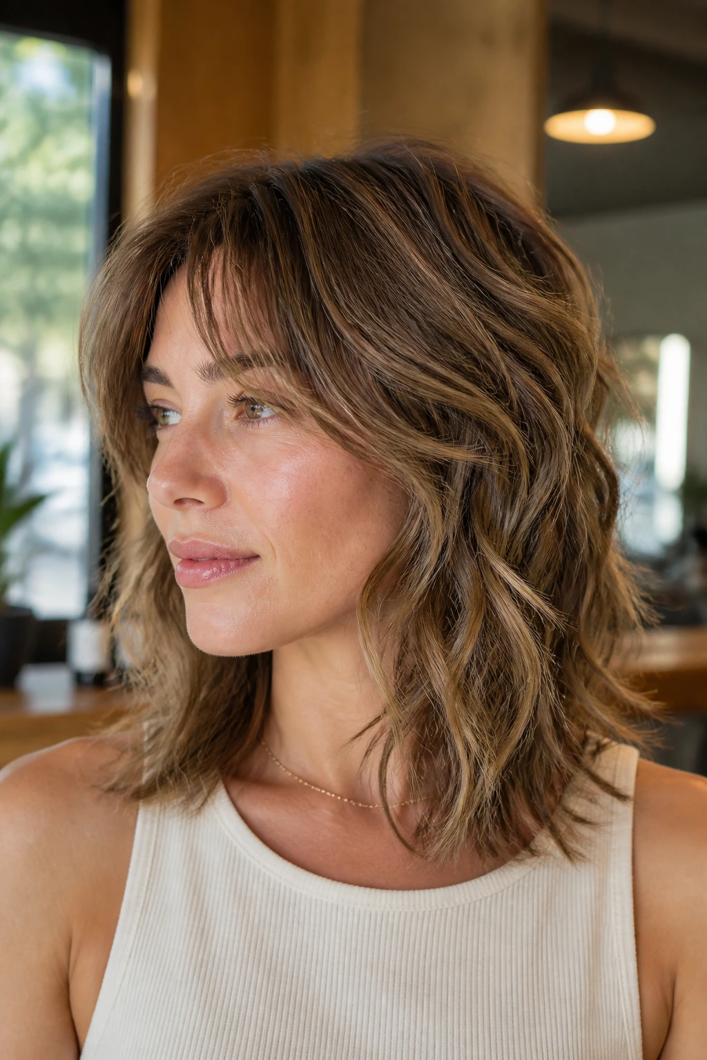 Close up of a real woman with shoulder length layered shag and soft waves