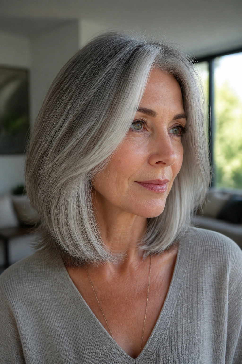 Close-up portrait of a real woman with a layered lob showing internal texture